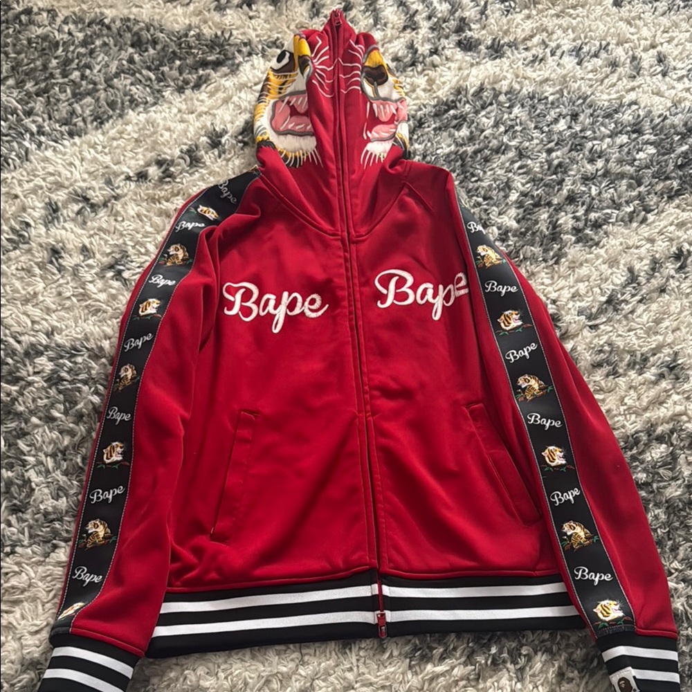 Authentic Bape Red Full-Zip Hoodie with Tiger Accents